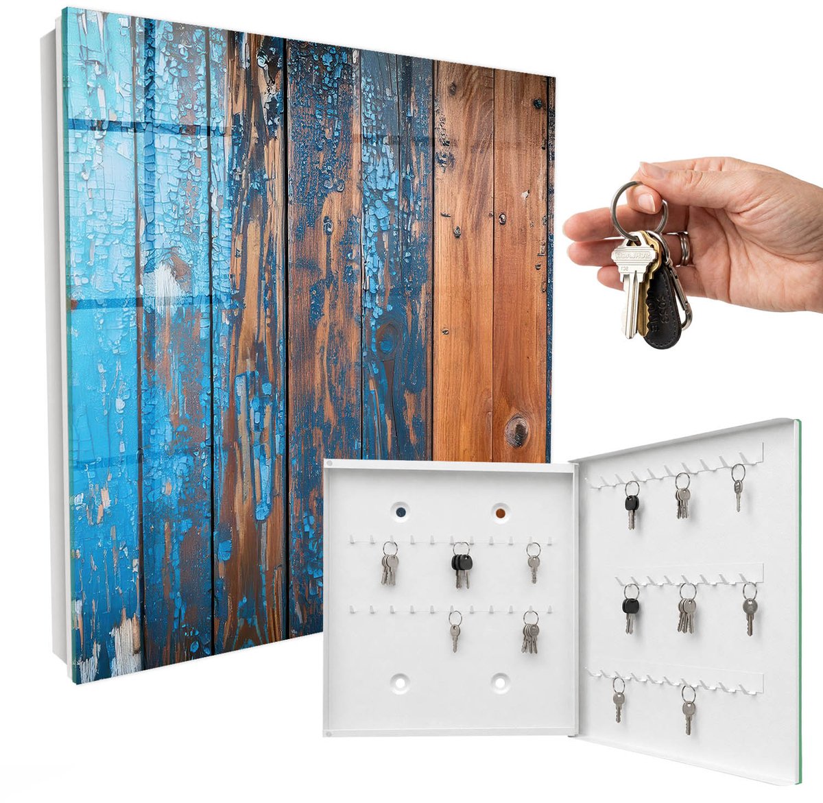 WallMuralia - Sleutelkast - 30x30x5 cm - met 50 haken - Houtstructuur Sleutelkastje Design - Blauw Sleutelbox - Rechtsopenend - Wit interieur