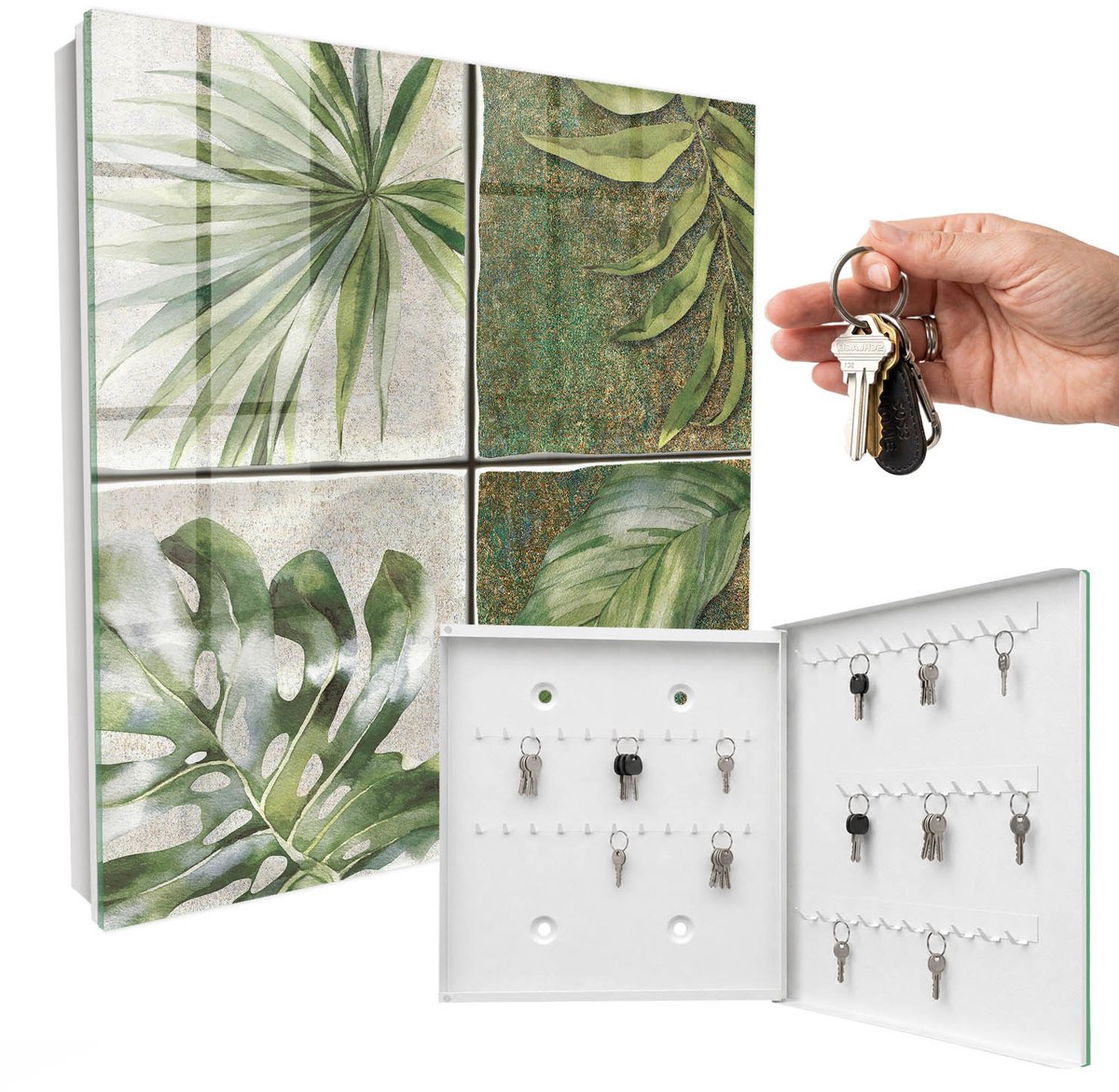 WallMuralia - Sleutelkast - 30x30x5 cm - met 50 haken - Plantentegels Sleutelkastje Gang - Groente Sleutelbox - Rechtsopenend - Wit interieur