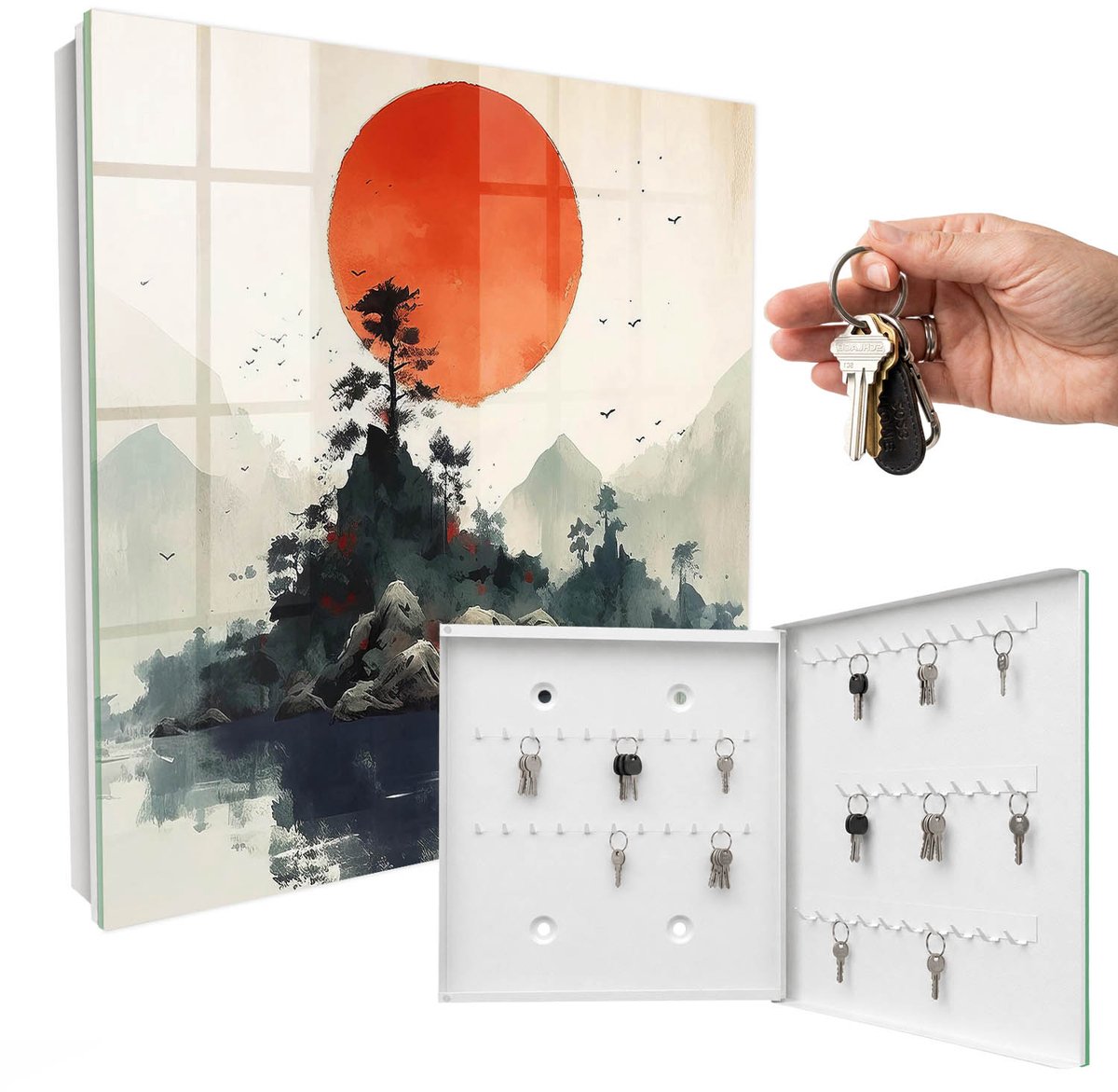 WallMuralia - Sleutelkast - 30x30x5 cm - met 50 haken - Berglandschap Leuk Sleutelkastje - Rood Sleutelbox - Rechtsopenend - Wit interieur