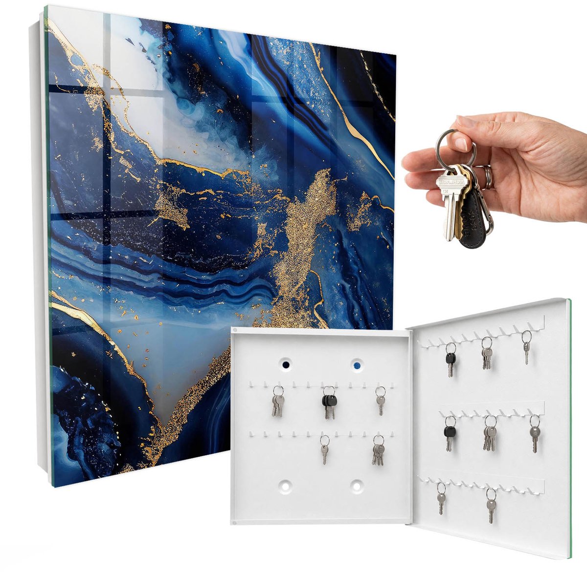 WallMuralia - Sleutelkast - 30x30x5 cm - met 50 haken - Marineblauwe Strepen Design Sleutelkastje - Marine Sleutelbox - Rechtsopenend - Wit interieur