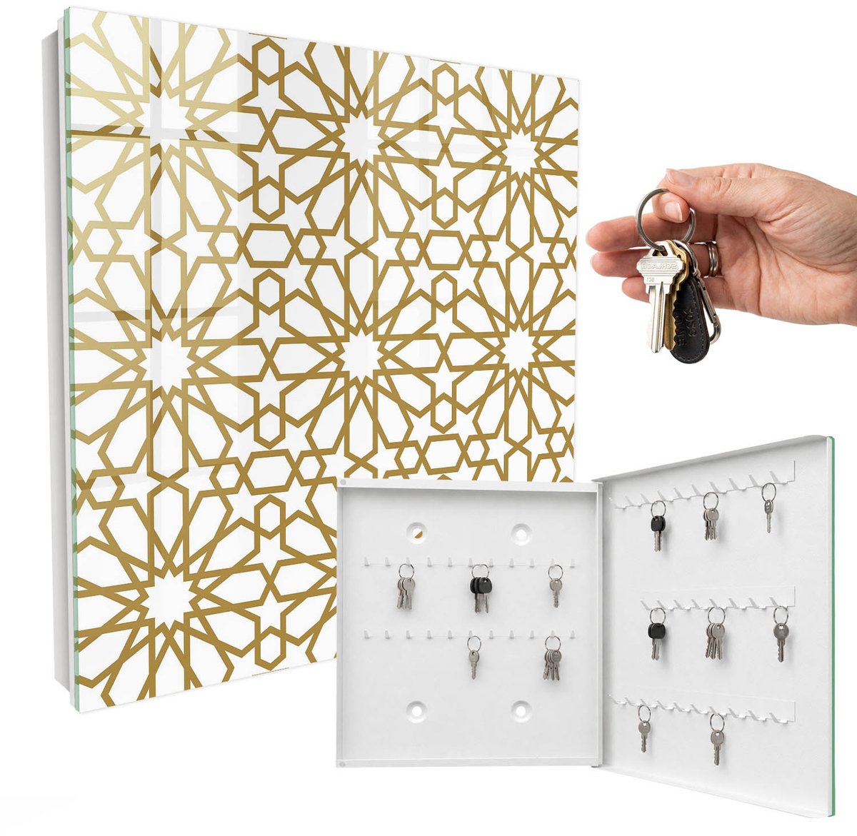 WallMuralia - Sleutelkast - 30x30x5 cm - met 50 haken - Geometrisch Patroon Sleutelkastje Industrieel - Wit Sleutelbox - Rechtsopenend - Wit interieur
