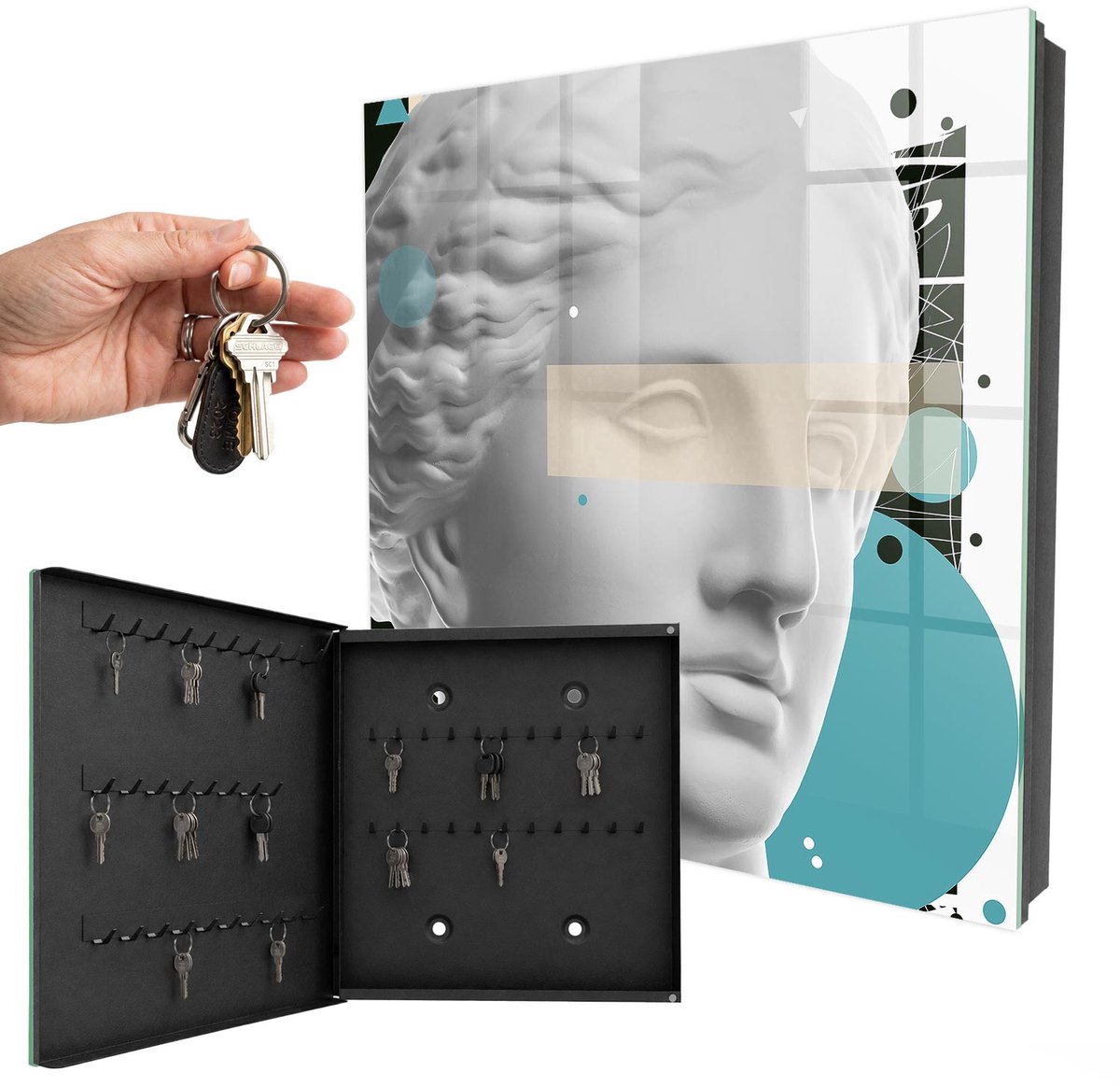 WallMuralia - Sleutelkast - 30x30x5 cm - met 50 haken - Moderne Kunst Groot Sleutelkastje - Wit Sleutelbox - Linksopenend - Zwart interieur