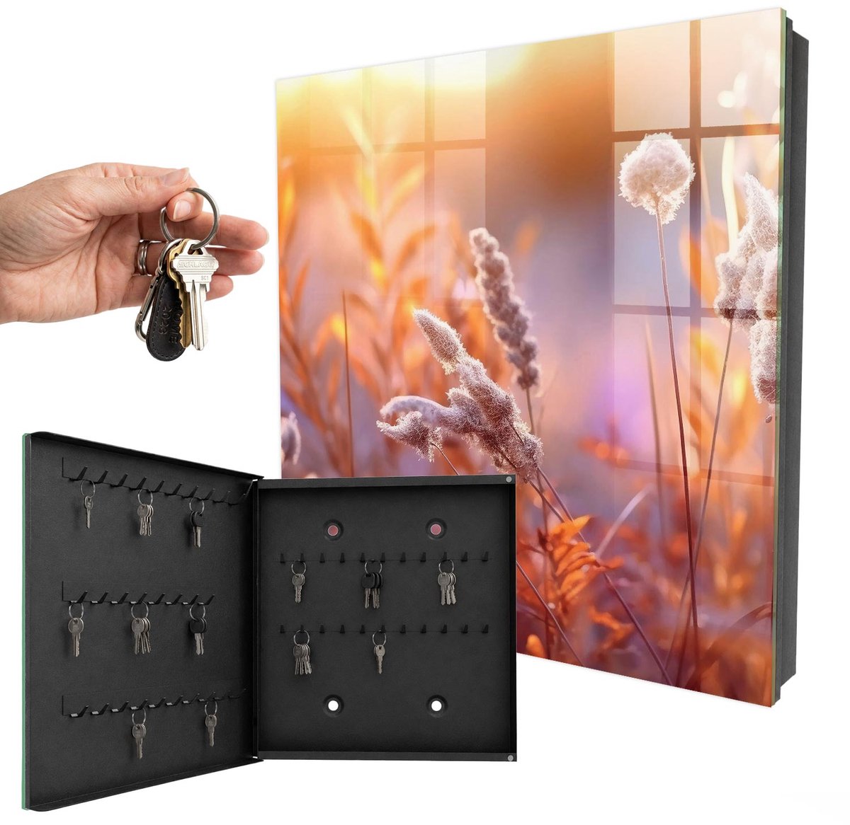 WallMuralia - Sleutelkast - 30x30x5 cm - met 50 haken - Zonsondergang Sleutelkastje Landelijk - Oranje Sleutelbox - Linksopenend - Zwart interieur