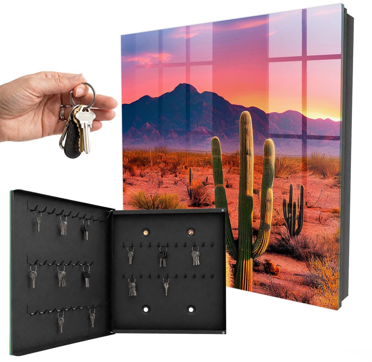 WallMuralia - Sleutelkast - 30x30x5 cm - met 50 haken - Woestijnwesten Sleutelkastje Gang - Oranje Sleutelbox - Linksopenend - Zwart interieur