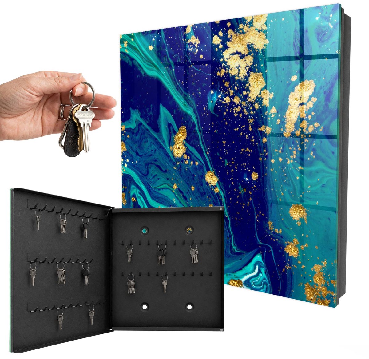 WallMuralia - Sleutelkast - 30x30x5 cm - met 50 haken - Kleurrijke Abstractie Sleutelkastje Hal - Blauw Sleutelbox - Linksopenend - Zwart interieur