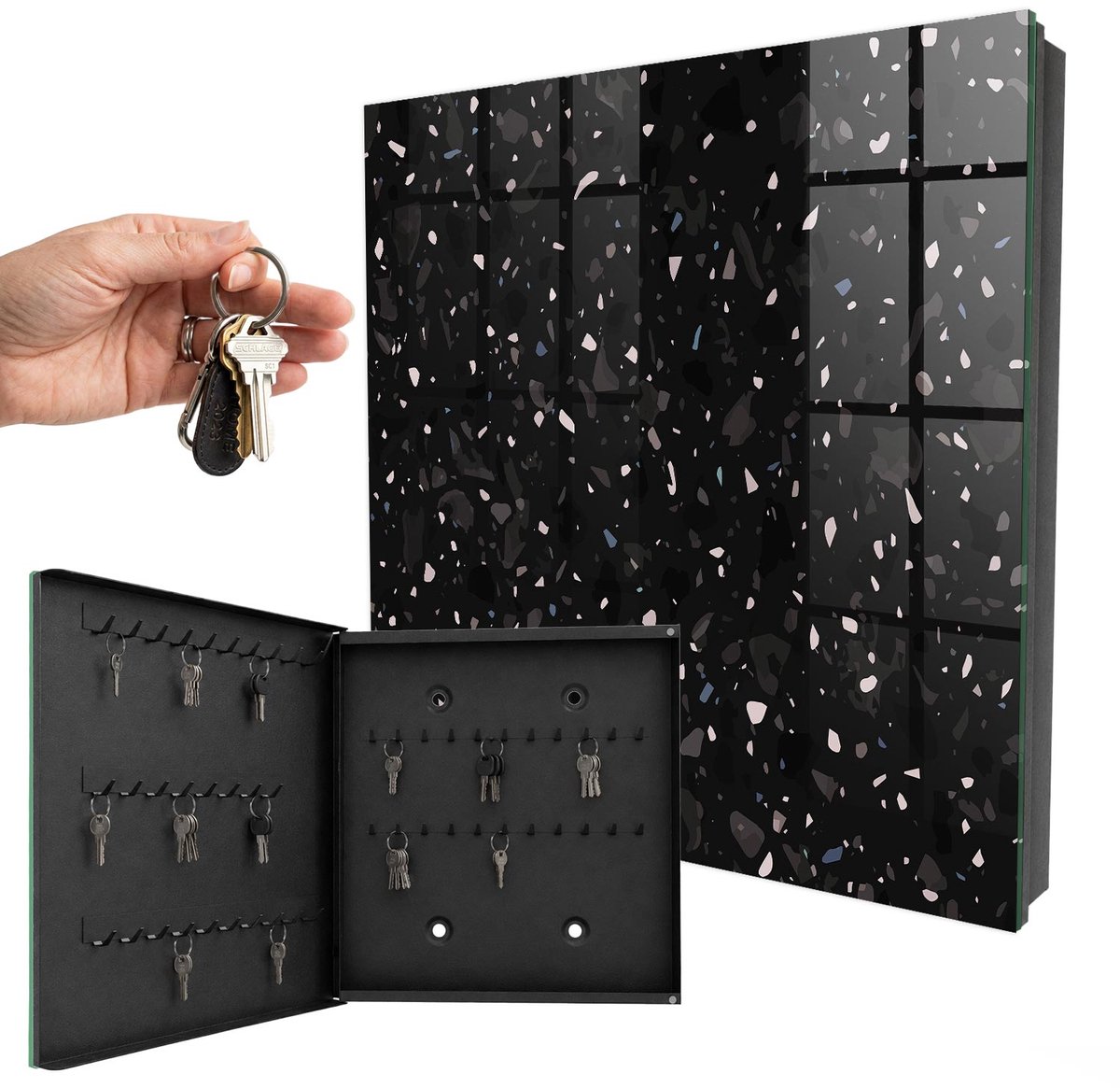 WallMuralia - Sleutelkast - 30x30x5 cm - met 50 haken - Zwart Terrazzo Sleutelkastje Hal - Zwart Sleutelbox - Linksopenend - Zwart interieur