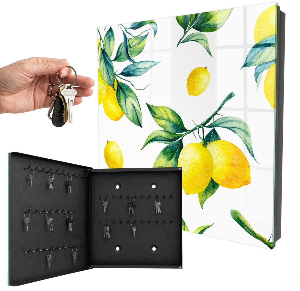WallMuralia - Sleutelkast - 30x30x5 cm - met 50 haken - Aquarel Citroenen Sleutelkastje Industrieel - Geel Sleutelbox - Linksopenend - Zwart interieur