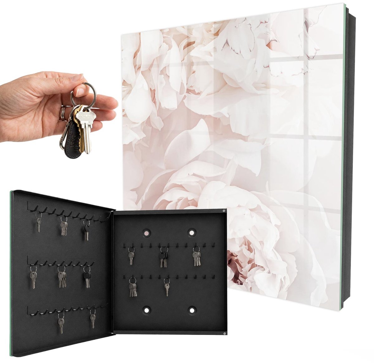 WallMuralia - Sleutelkast - 30x30x5 cm - met 50 haken - Subtiele Elegantie Sleutelkastje Binnen - Wit Sleutelbox - Linksopenend - Zwart interieur