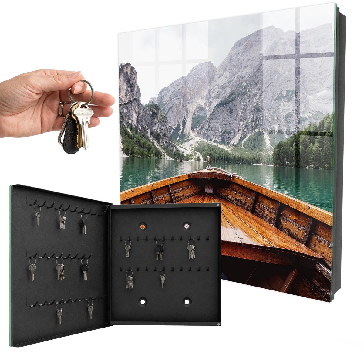 WallMuralia - Sleutelkast - 30x30x5 cm - met 50 haken - Bergmeer Sleutelkastje - Turkoois Sleutelbox - Linksopenend - Zwart interieur