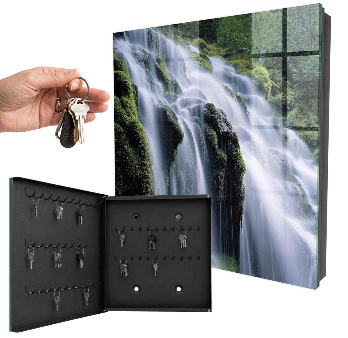 WallMuralia - Sleutelkast - 30x30x5 cm - met 50 haken - Groene Waterval Design Sleutelkastje - Groente Sleutelbox - Linksopenend - Zwart interieur