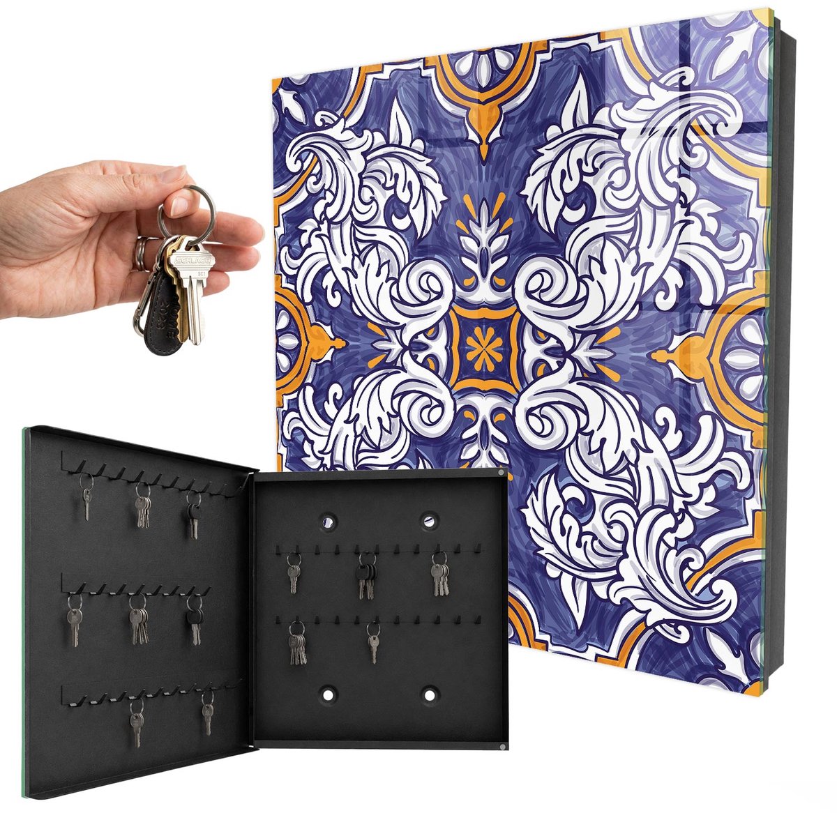 WallMuralia - Sleutelkast - 30x30x5 cm - met 50 haken - Plantenornament Sleutelkastje Huis - Blauw Sleutelbox - Linksopenend - Zwart interieur