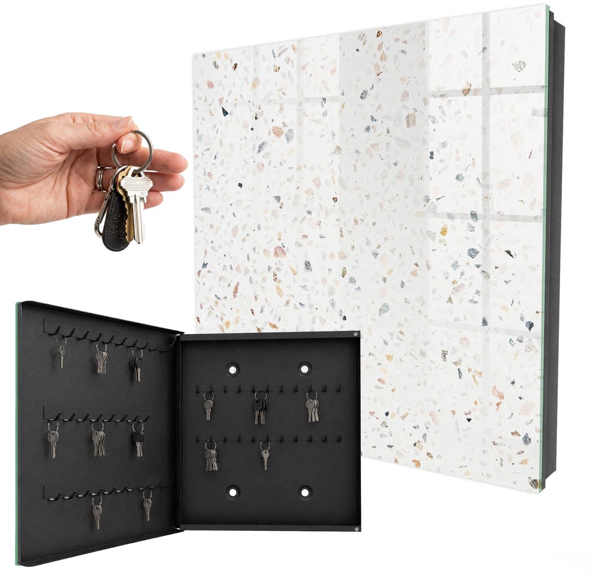 WallMuralia - Sleutelkast - 30x30x5 cm - met 50 haken - Heldere Terrazzo Sleutelkastje Binnen - Wit Sleutelbox - Linksopenend - Zwart interieur
