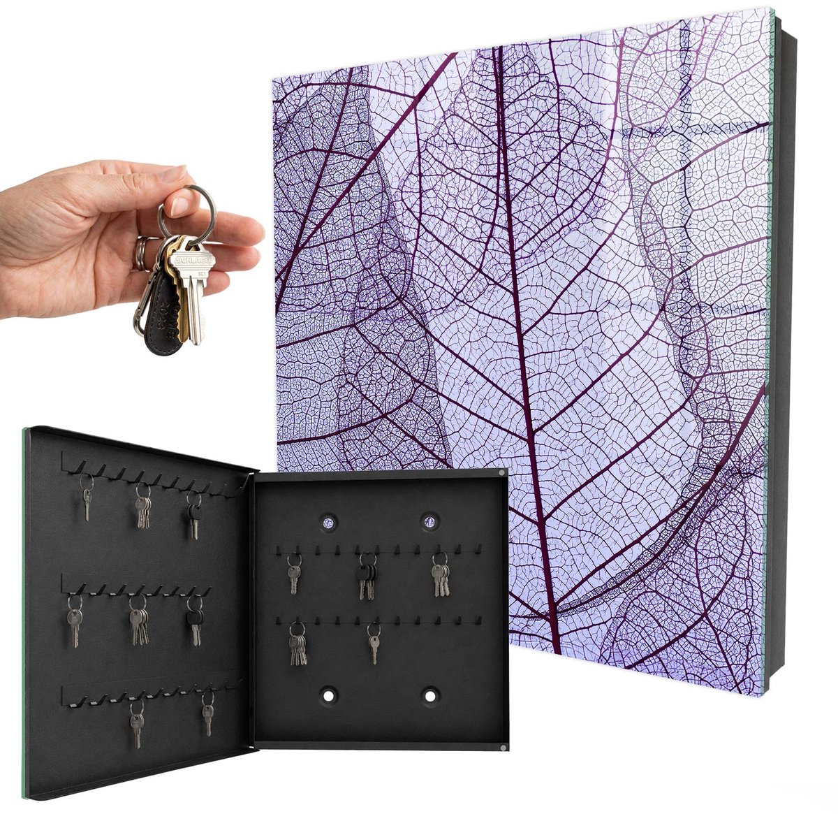 WallMuralia - Sleutelkast - 30x30x5 cm - met 50 haken - Bladstructuur Sleutelkastje Muur - Paars Sleutelbox - Linksopenend - Zwart interieur