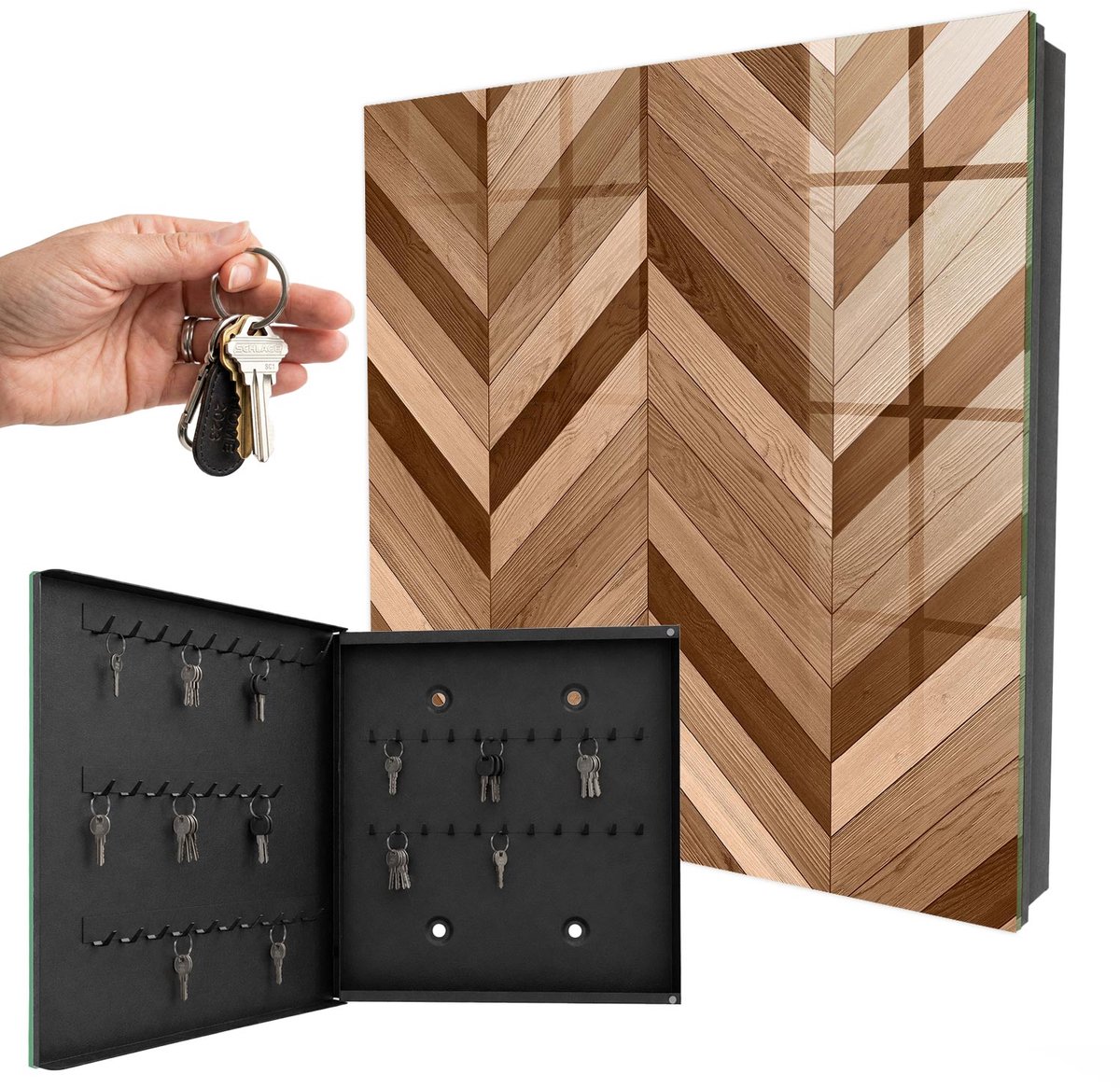 WallMuralia - Sleutelkast - 30x30x5 cm - met 50 haken - Houten Visgraatmotief Sleutelkastje Modern - Bruin Sleutelbox - Linksopenend - Zwart interieur