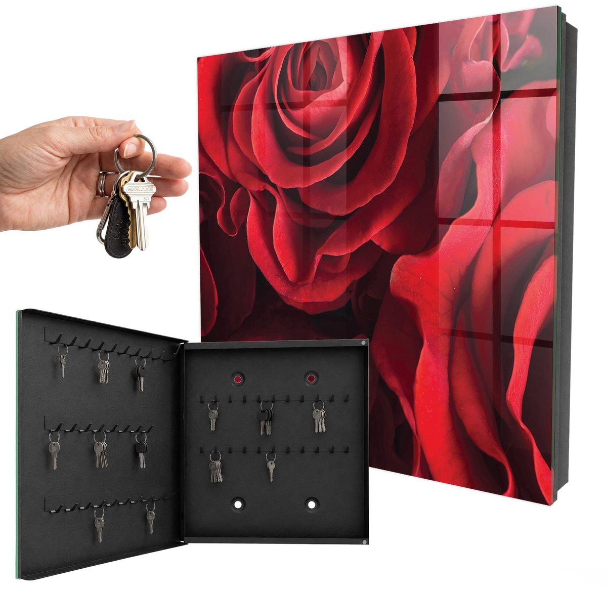 WallMuralia - Sleutelkast - 30x30x5 cm - met 50 haken - Rode Rozen Sleutelkastje Huis - Rood Sleutelbox - Linksopenend - Zwart interieur