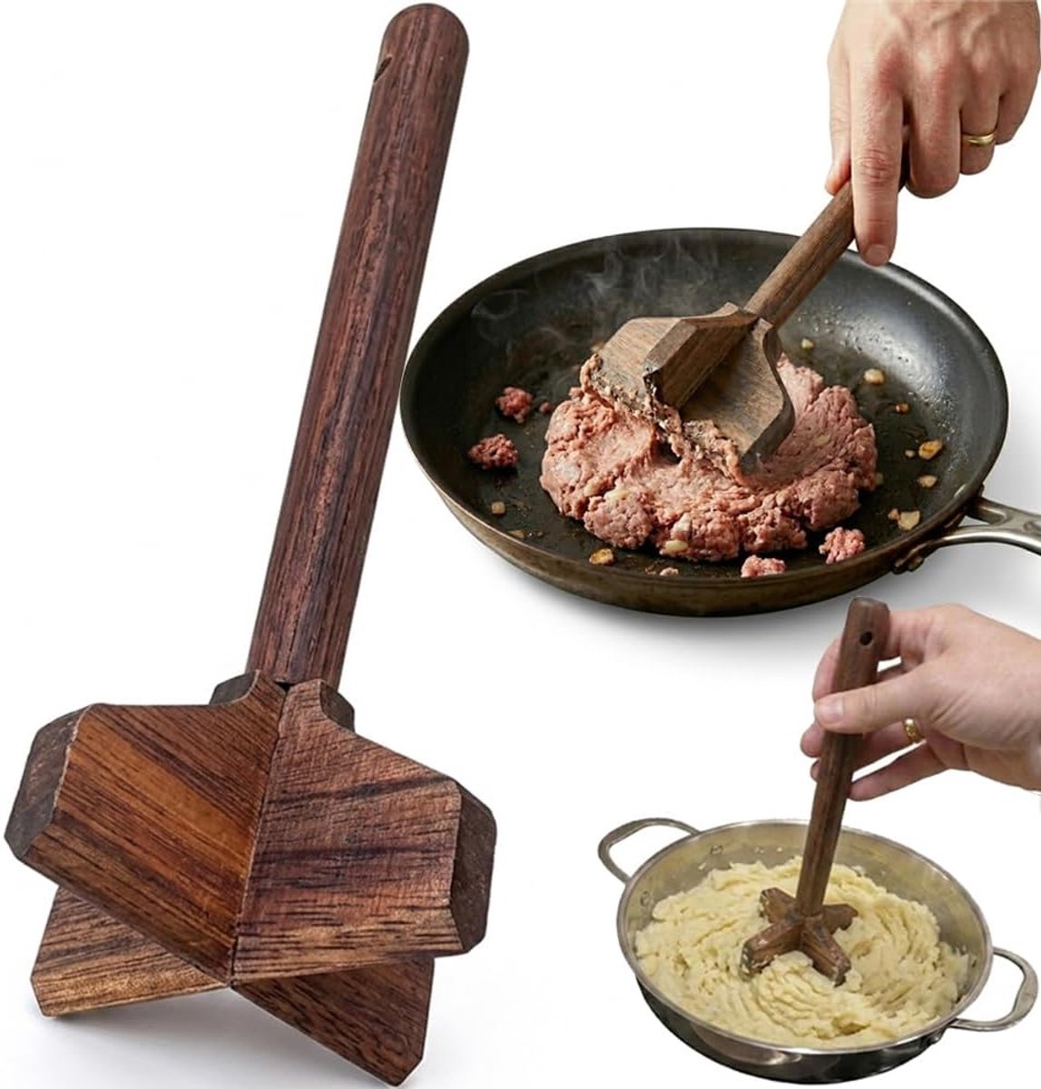 Bobypet - Aardappelstamper - Vleeshakker - Gehakthakker - Stamper - Teak hout - Houten - Multifunctioneel - Voor gehakt, hamburger en aardappelen - Keukengerei - 21*19*5.5cm - Retro kleur