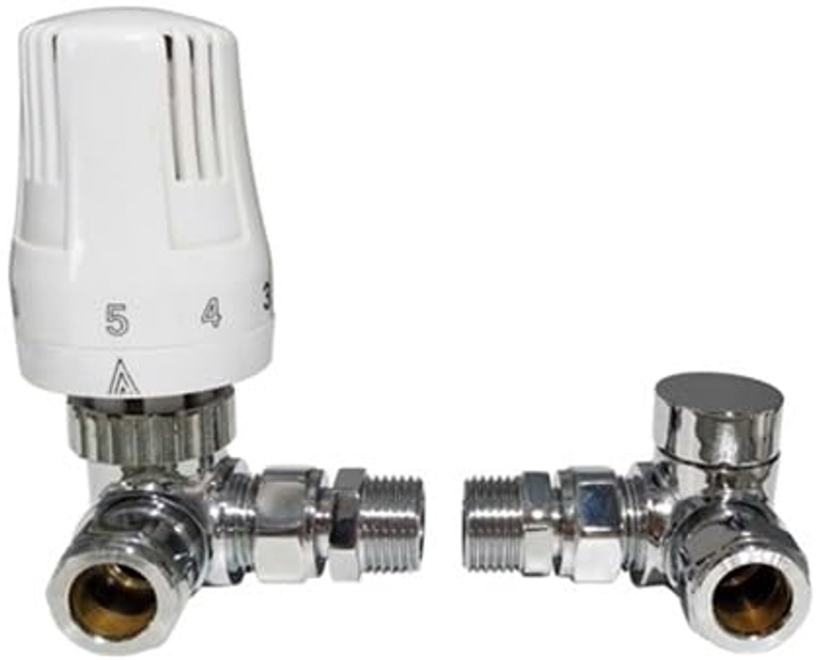 SnelShoppen - Hoek Thermostatische Radiatorventiel met Lockshield Ventiel TRV Chroom Wit 15mm Pakketset - Perfect voor Verwarming in Huis, Kantoor of
