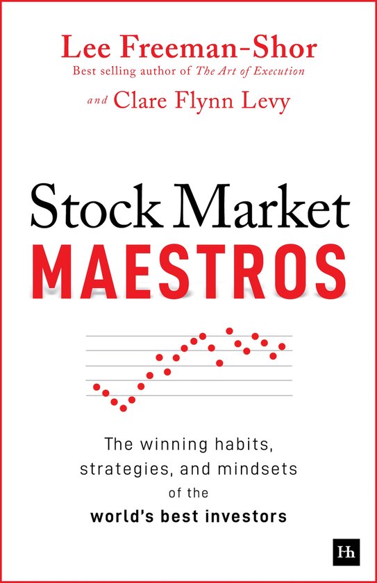 Livre "Stock Market MAESTROS" avec texte rouge et blanc et un graphique à points rouges.
