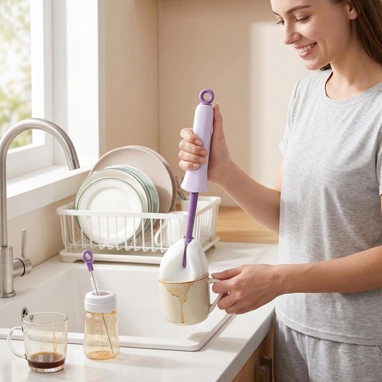 Flesborstel Set - Fles Reiniger - Flessen Schoonmaken - Hygiënisch Knijpontwerp - 31 cm Lengte - Paars — afbeelding 3