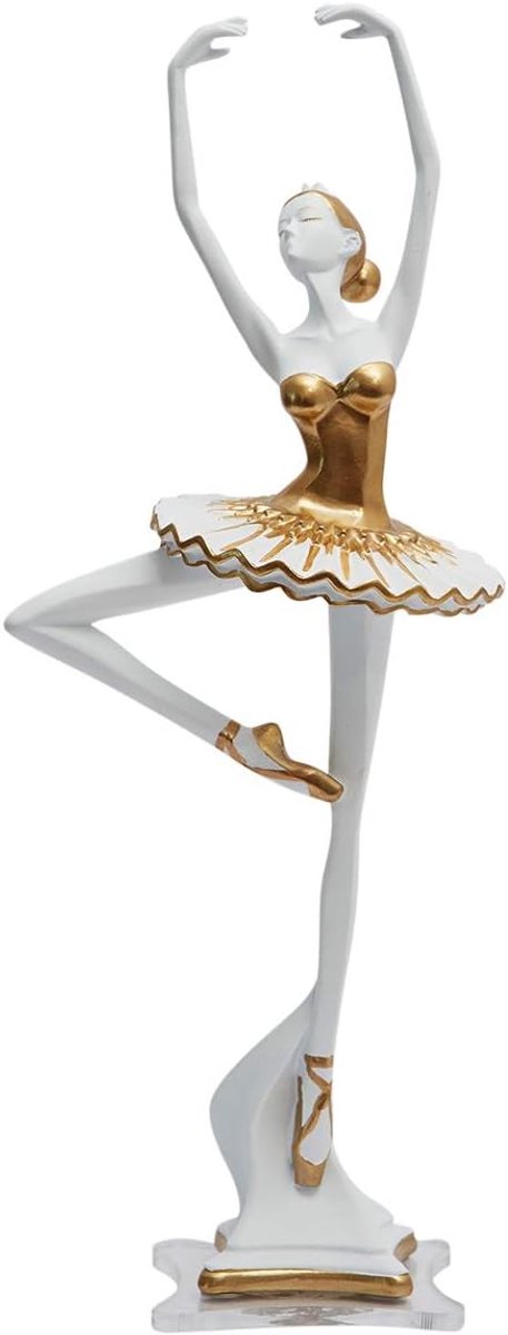Ballerina Standbeeld Figuur Ballet Danser Decor Modern Vrouw Meisje Sculptuur Kunst Voor Huis Cedeau Giftbox Resin 30cmH | Wit Goud Hars Yoga Lady Handgemaakte Decor Tafel Middenstuk Art voor Woonkamer Slaapkamer Cafe