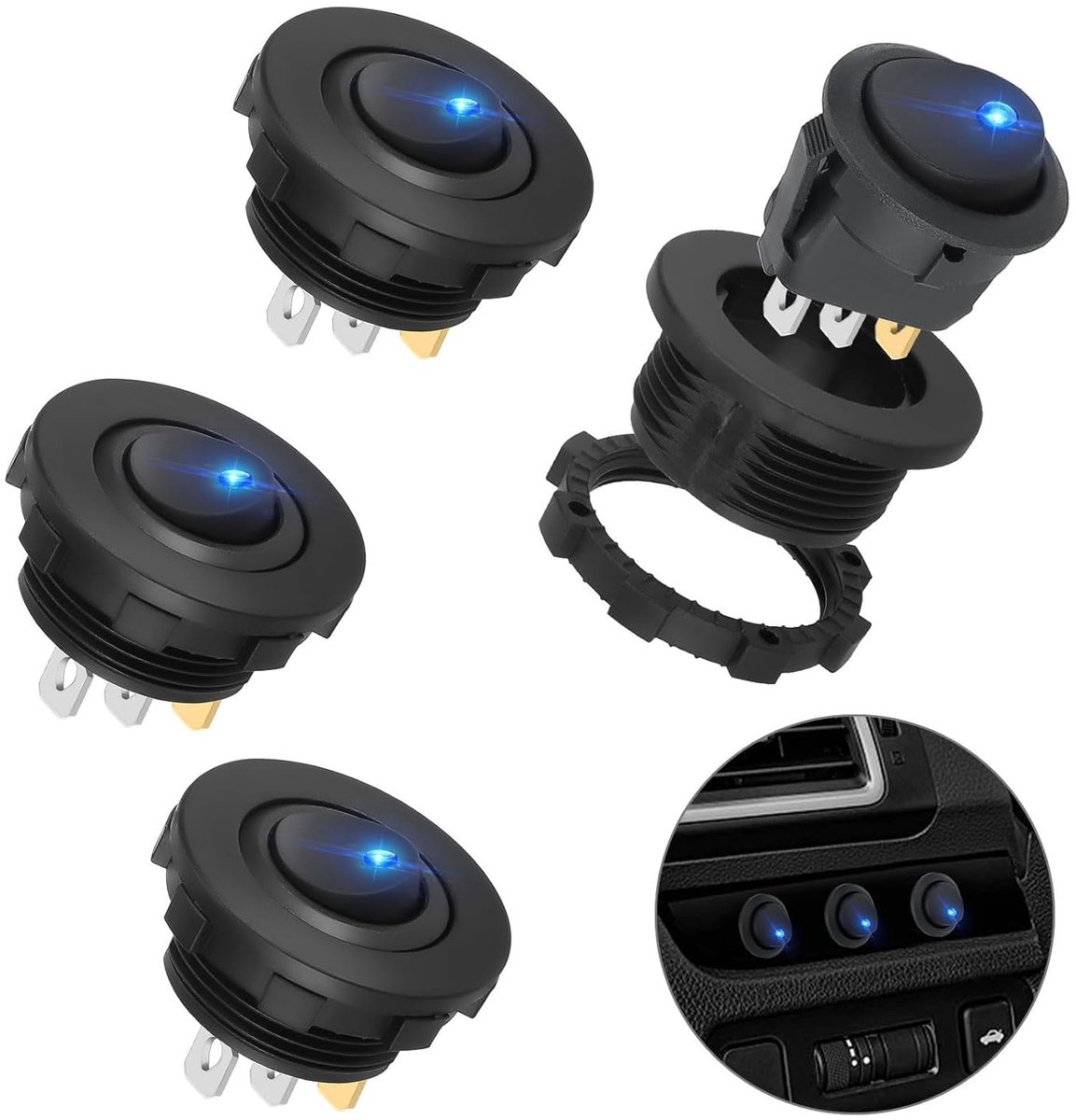 4Pcs 12V Tuimelschakelaar, Waterdichte 20A SPST AAN/UIT Ronde Tuimelschakelaar 3 Pins met Behuizing en LED Lampje voor Auto Boot