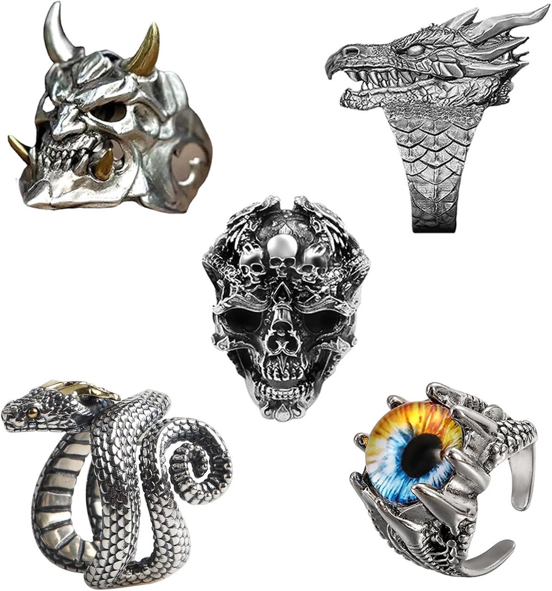 5 stuks roestvrij staal gothic stijl verstelbare heren doodskop ring