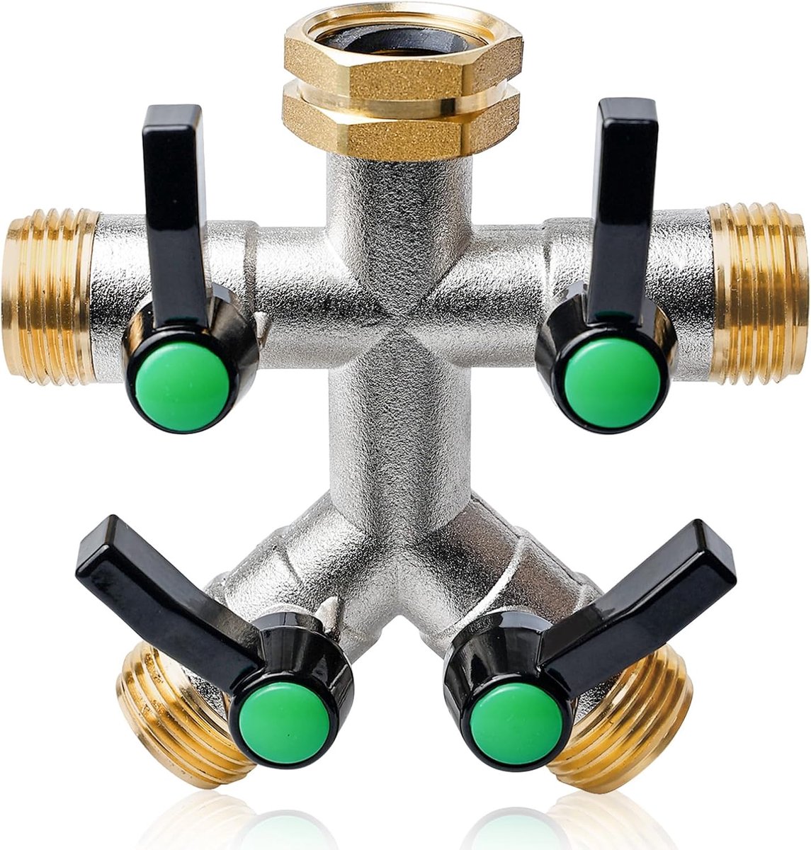 4-wegs waterkraan waterverdeler, 3/4 inch wateraansluiting verdeler met individuele afsluiter, messing waterverdeler met verlengde greep, 4-weg verdeler voor tuin, wasmachine