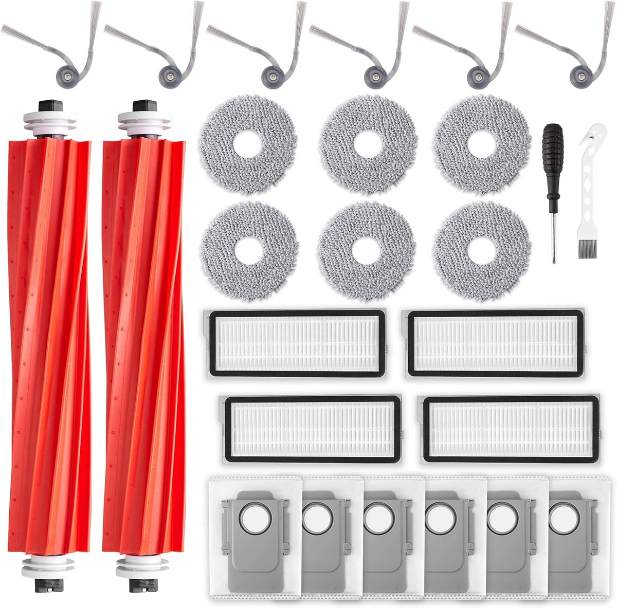 26-delige accessoireset voor Roborock Qrevo S Pro/QV 35A /QV 35S /QR598 /QR798 robotstofzuiger, reserveaccessoires, 2 hoofdborstel, 6 dweilpads, 6 stofzakken, 6 zijborstels, 4 filters, 1