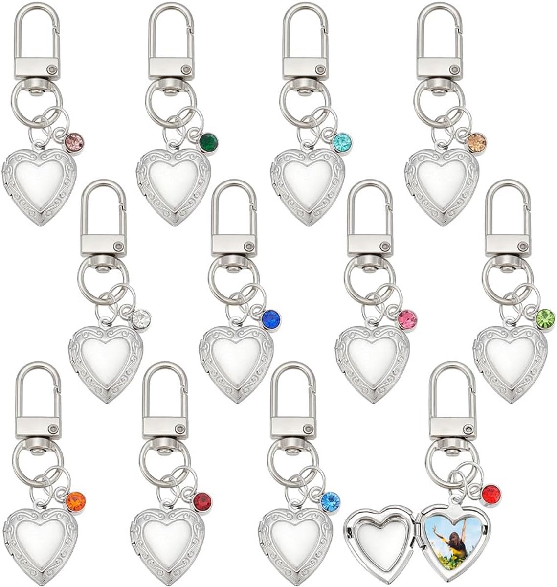 12-delige set hart foto medaillon sleutelhangers, gesneden bloem strass steen hanger medaillons die foto's houden, geheugen herinnering voor vrouwen, DIY knutsel sieraden cadeauset'