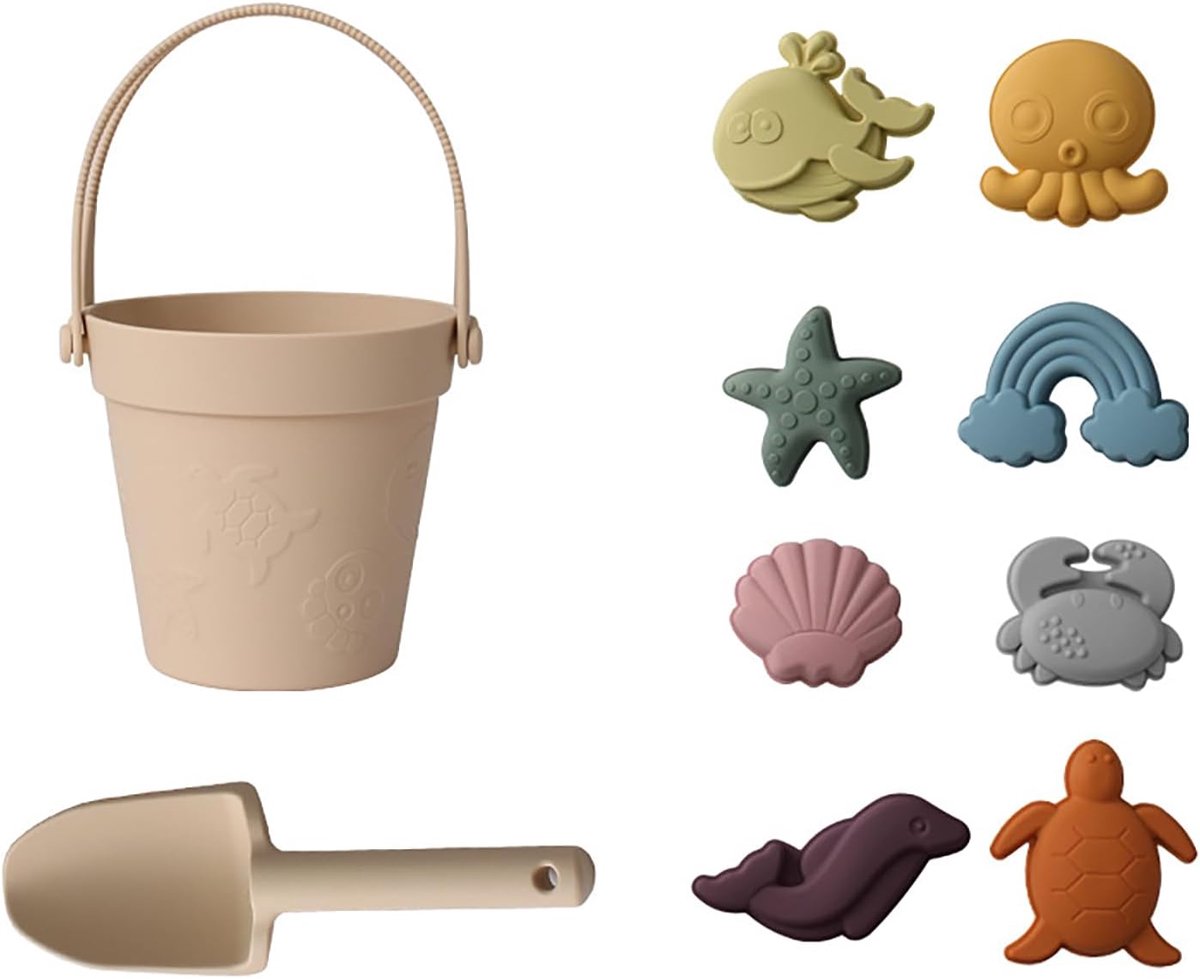 Strandspeelset voor Kinderen, Strandspeelgoed met Siliconen Emmer, Schep en Zandvormpjes, Multicolor, Buitenspel, Zomerspel voor Jongens en Meisjes(B)