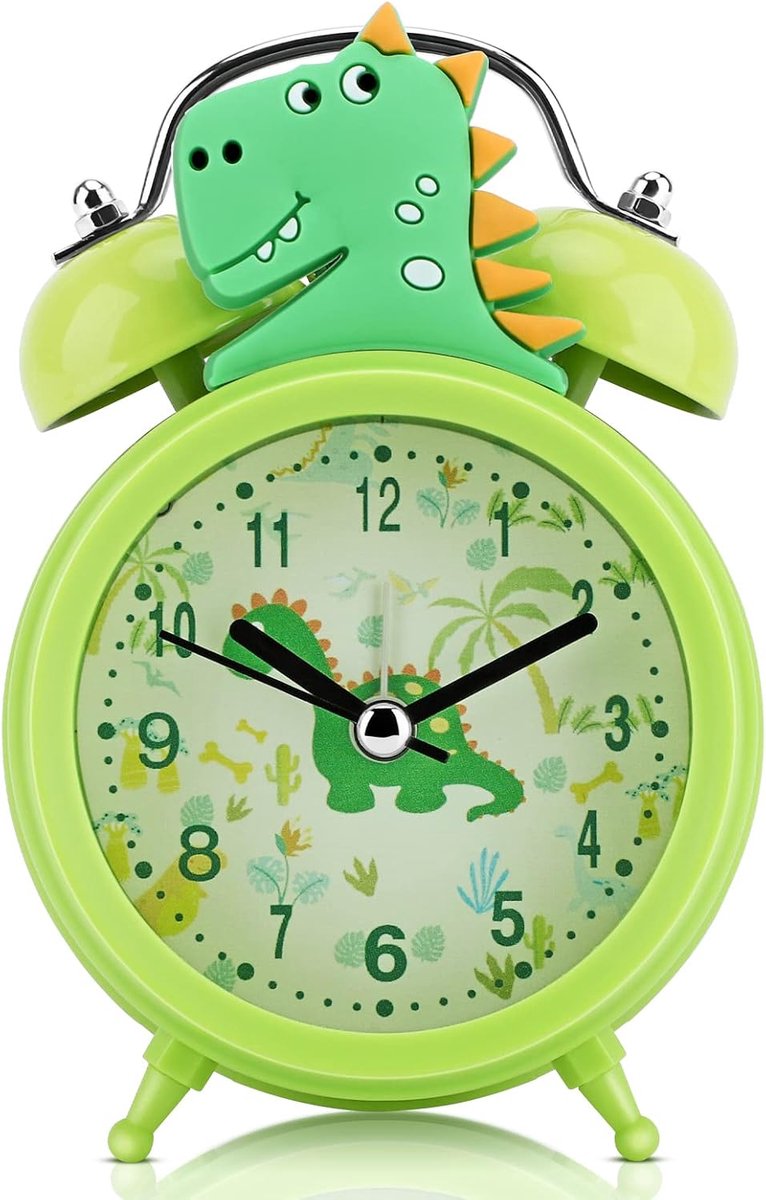 Dinosaurus wekker jongens, niet-tikkende schattige groene wekker kinderen jongens, klassieke luide dubbele bel wekker met achtergrondverlichting, geschikt voor schoolcadeaus