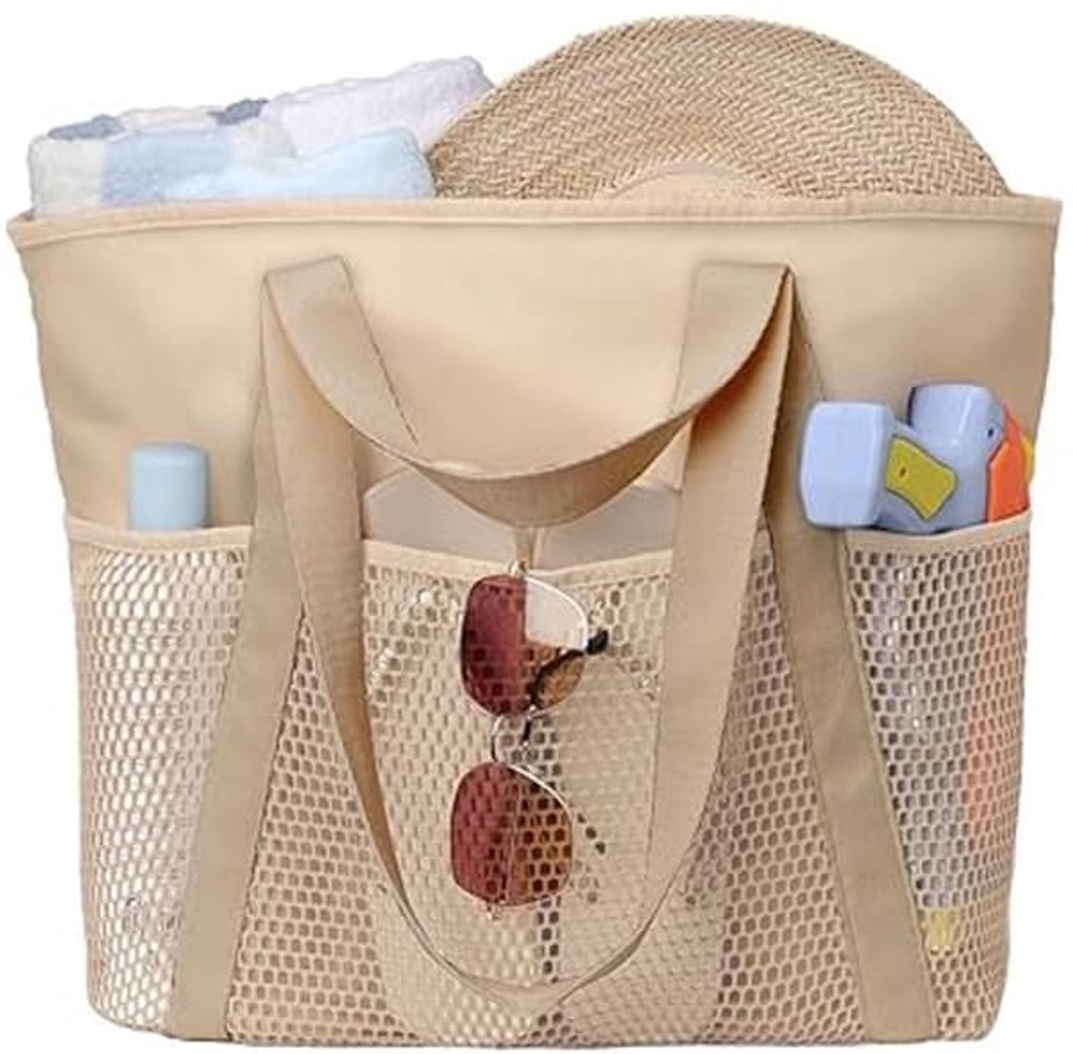 Beige waterdichte strandtas, groot formaat, water- en zandbestendig, opvouwbaar, met gaasvak met ritssluiting en comfortabel handvat, speciaal ontworpen voor vrouwen.