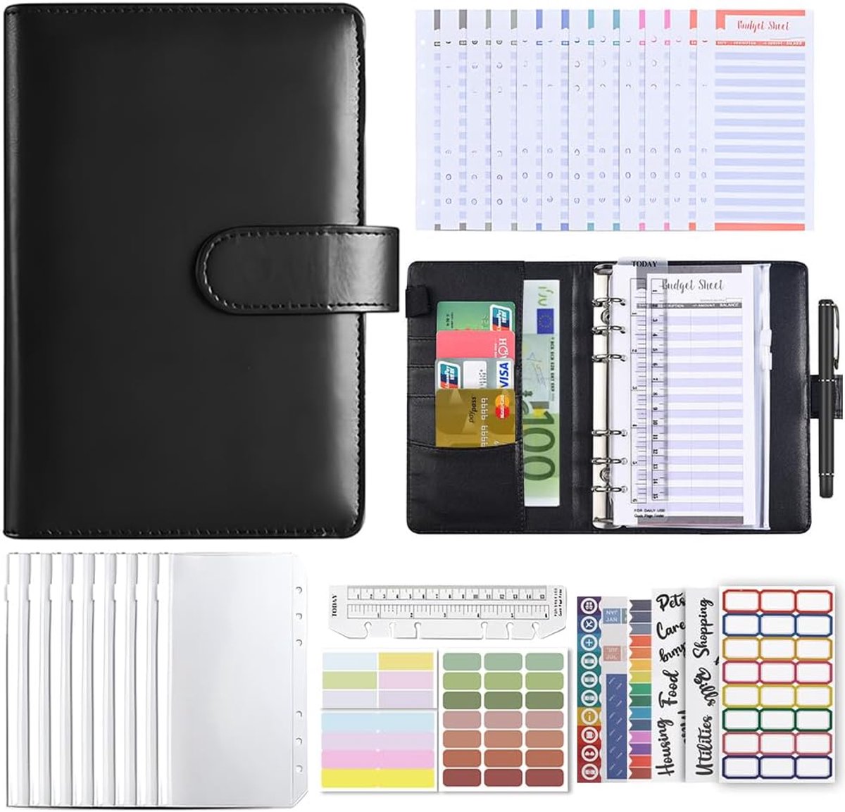 Binder A6 Financieel Planner met 8 Ritsvakken Zwart Pu leder, 12