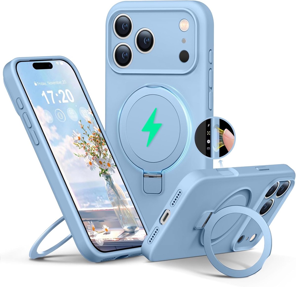 siliconen hoes voor iPhone 17 pro MAX met magnetische ringstandaard, upgraded camerabescherming, mil-grade val-grade val-grade valbestendig, anti-kras microvezel voering siliconen