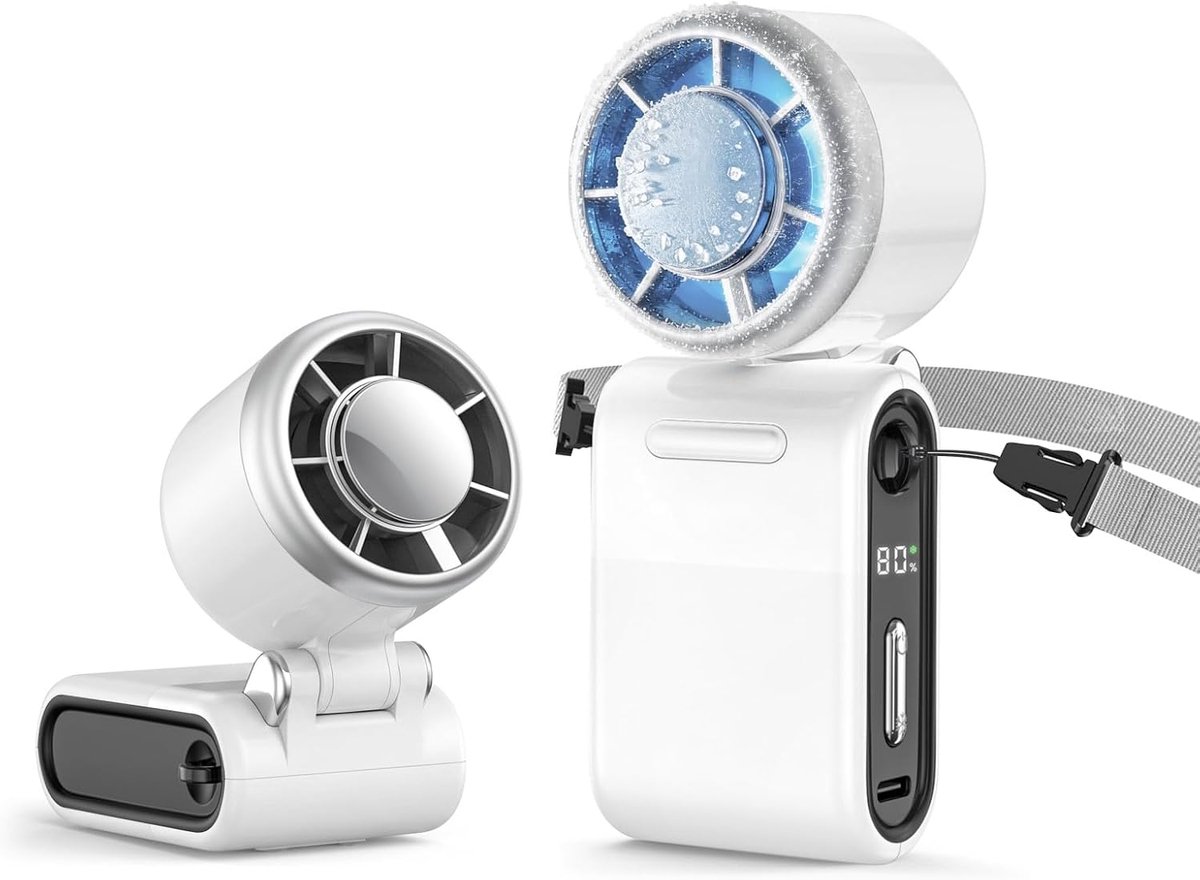 Draagbare Handventilator met IJskoeling, 3-in-1 Oplaadbare Persoonlijke Zakventilator met LED-display, Tot 10 Uur Verkoeling, 1-100 Traploze Snelheid voor Reizen Buiten Kamperen (Wit)
