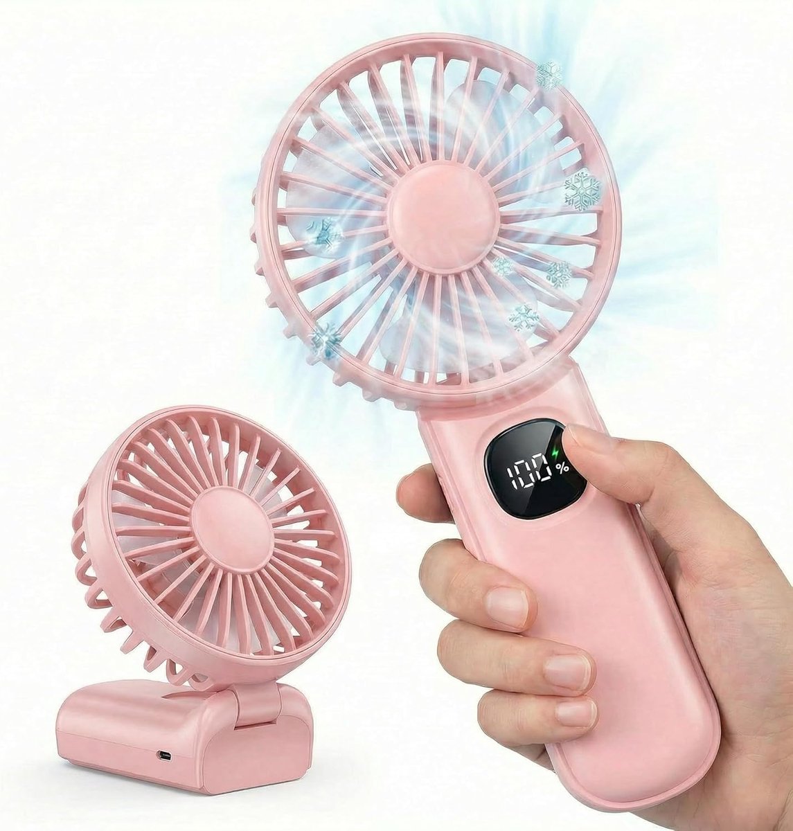 Handventilator, mini-USB-ventilator, oplaadbaar, 5-10 uur looptijd, 5 windsnelheid, inklapbaar, stil, kleine ventilator voor reizen, kantoor, thuis en buiten (Roze)