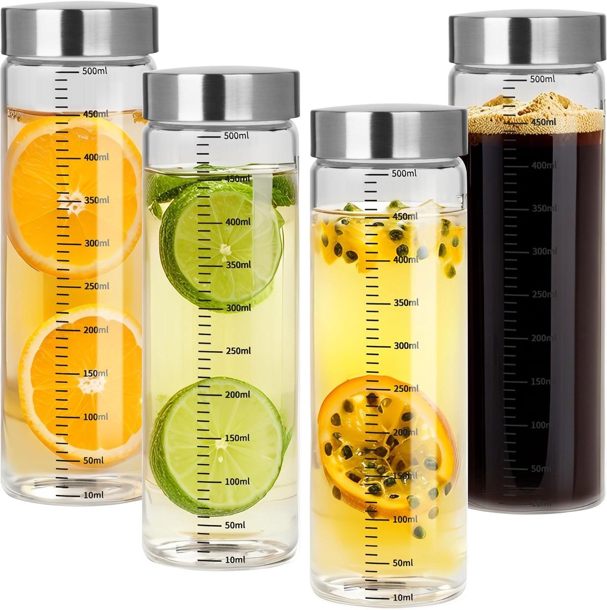 Flessen van 500 ml met roestvrij stalen deksel - Met maatindeling, voor sap, smoothies, koffie, melk, thee, plantaardige melk