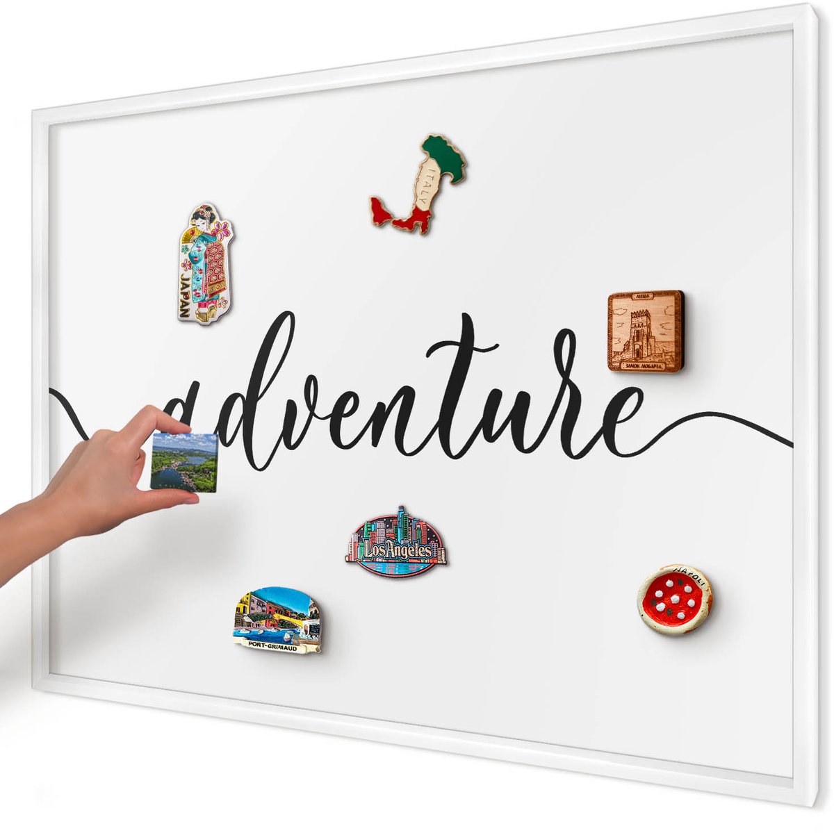 Artprintcave Wit Magneetbord mit Witte Lijst - 100x70 cm - Avontuur Geschreven Bord Voor Magneten - Typografisch Wandbord Magnetisch - Teksten