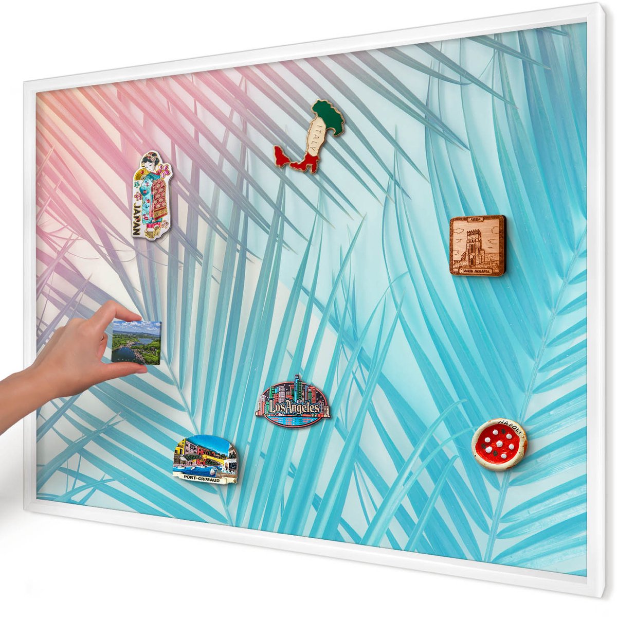 Artprintcave Turkoois Magneetbord mit Witte Lijst - 100x70 cm - Tropische Elegantie Magneetbord Voor Keuken - Abstract Memobord Keuken - Bloemen En Planten