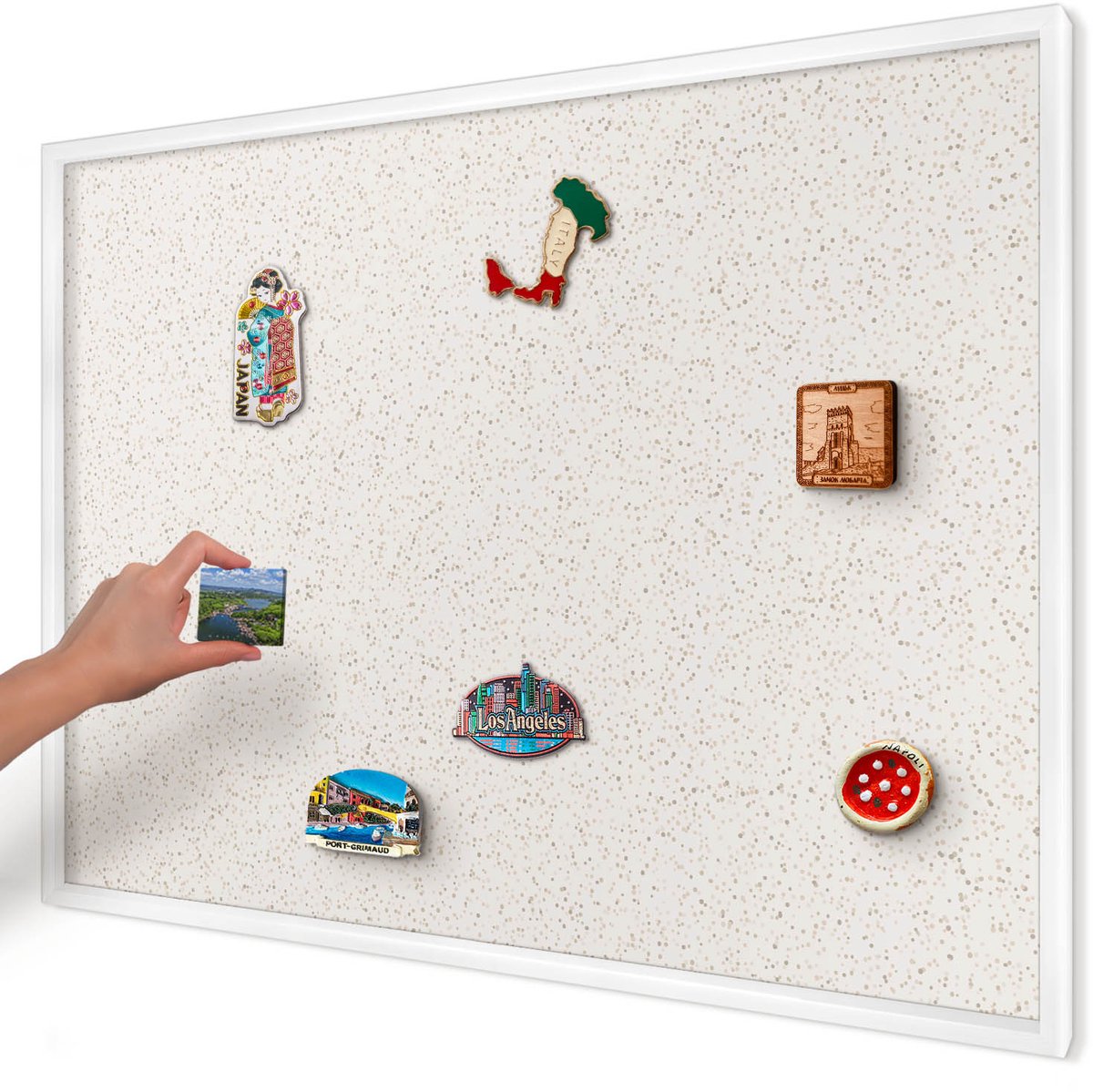 Artprintcave Beige Magneetbord mit Witte Lijst - 100x70 cm - Kleine Puntjes Magneetbord Voor Keuken - Minimalist Memobord Keuken - Achtergronden En Patronen