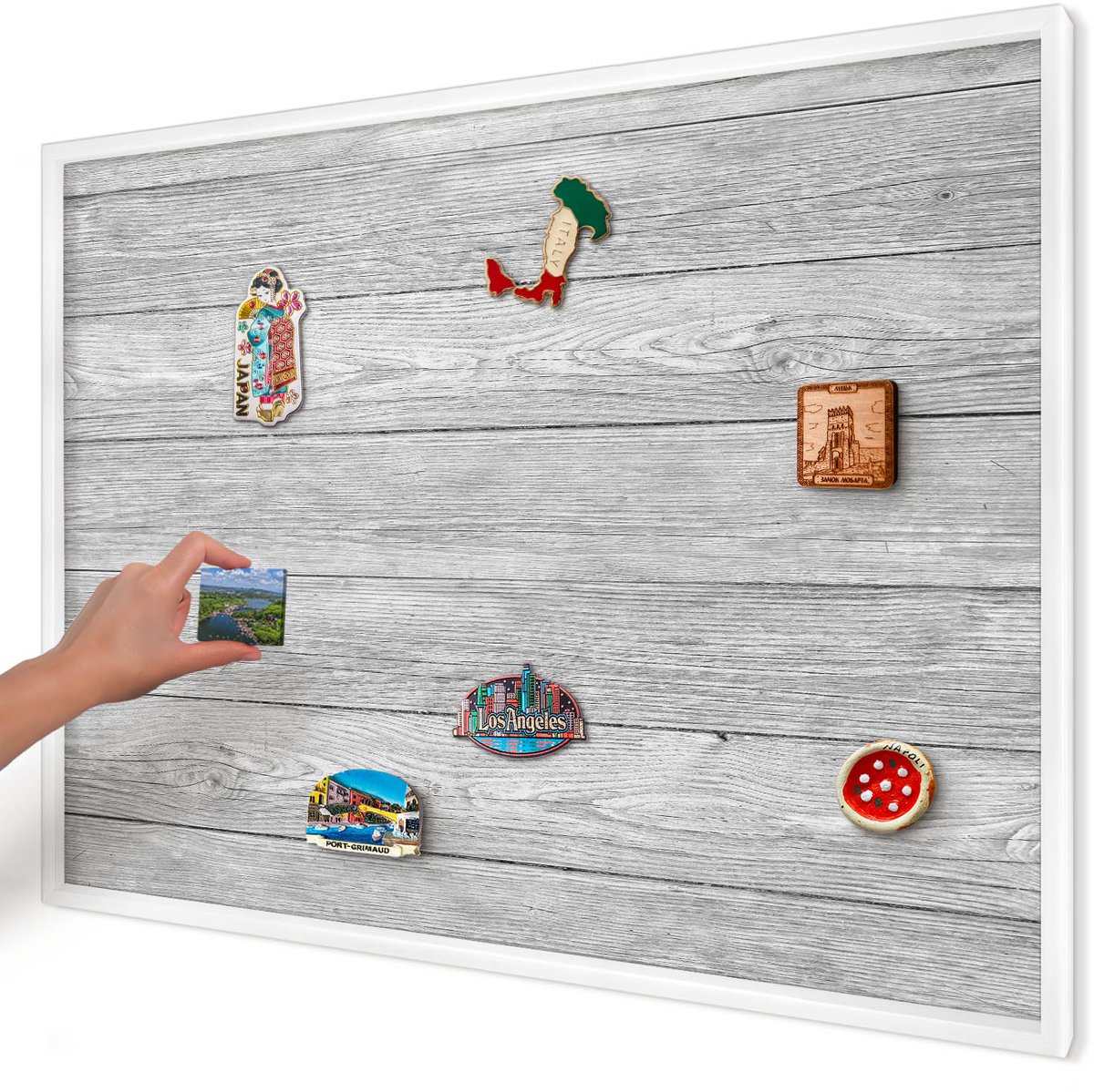 Artprintcave Grijs Magneetbord mit Witte Lijst - 100x70 cm - Houtstructuur Notitiebord - Rustiek Bord Voor Magneten - Texturen