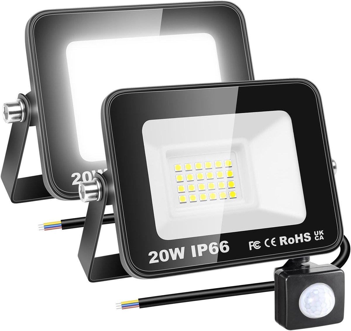 SnelShoppen - 2 x Outdoor LED Spotlights 20 W 2000 LM met PIR Bewegingssensor 6000 K Koud Wit IP66 Waterdicht voor Terras, Tuin, Garage, Oprit