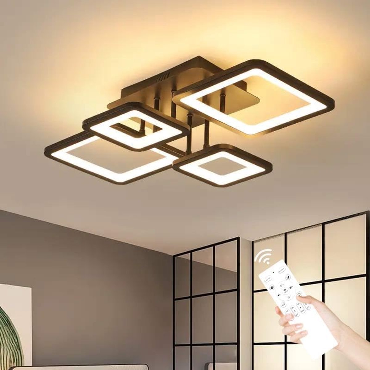 Riserva LED Plafondlamp Zwart - 54W - Dimbaar 3000-6500K - Met Afstandsbediening - Moderne Vierkante Plafondlamp voor Woonkamer en Slaapkamer