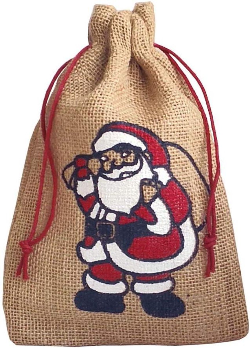 Jute Cadeauzakjes - Kerstzakken Sinterklaas - Feestdagen Verpakken - Duurzaam Herbruikbaar - 23 x 15 cm - Natuur met Kerstman