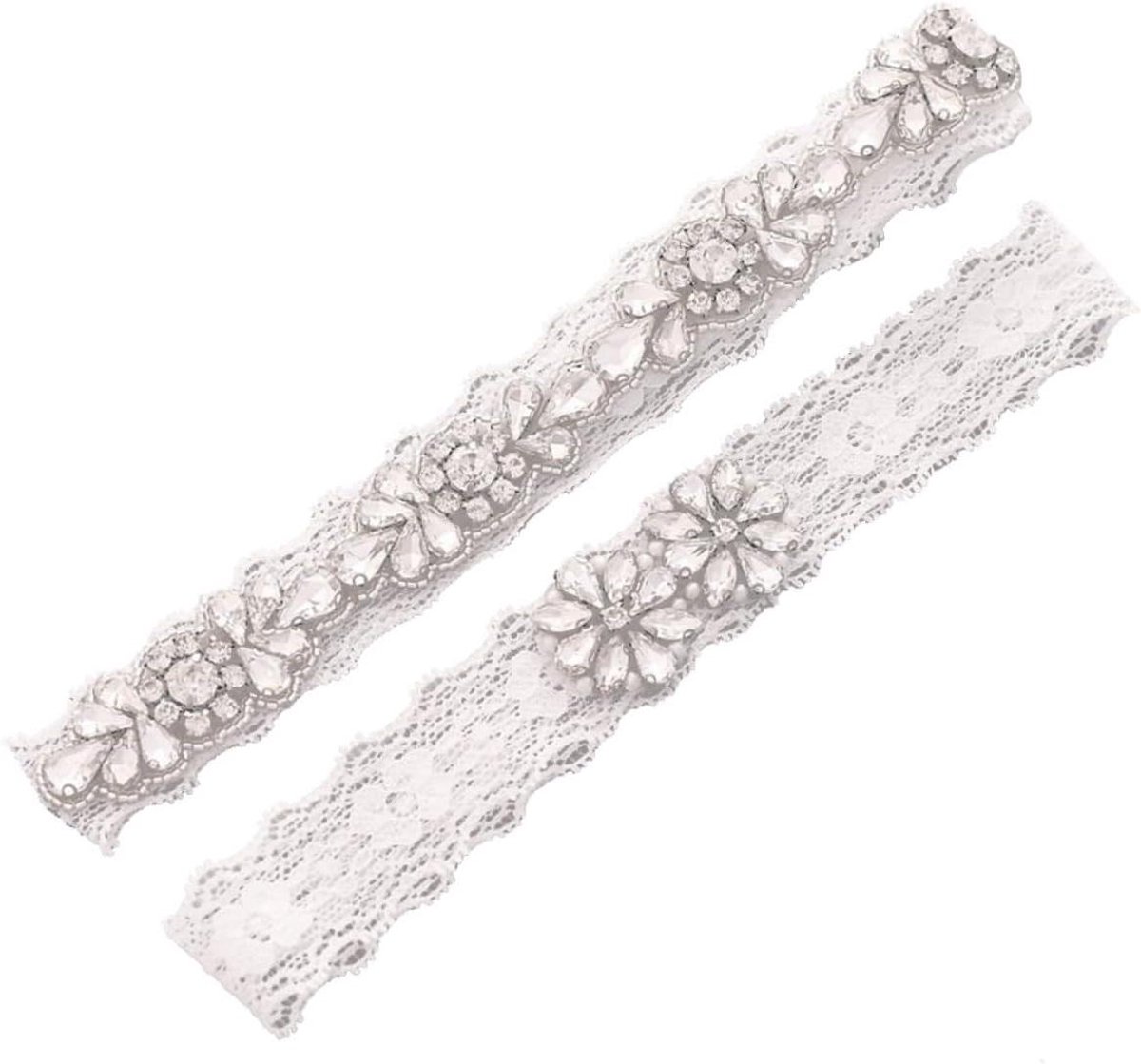 Bruidskousenbanden Set - Bruidskousenband Kanten Kousenband - Bruiloft Accessoire - Met Strass Steentjes - 20 cm - Wit