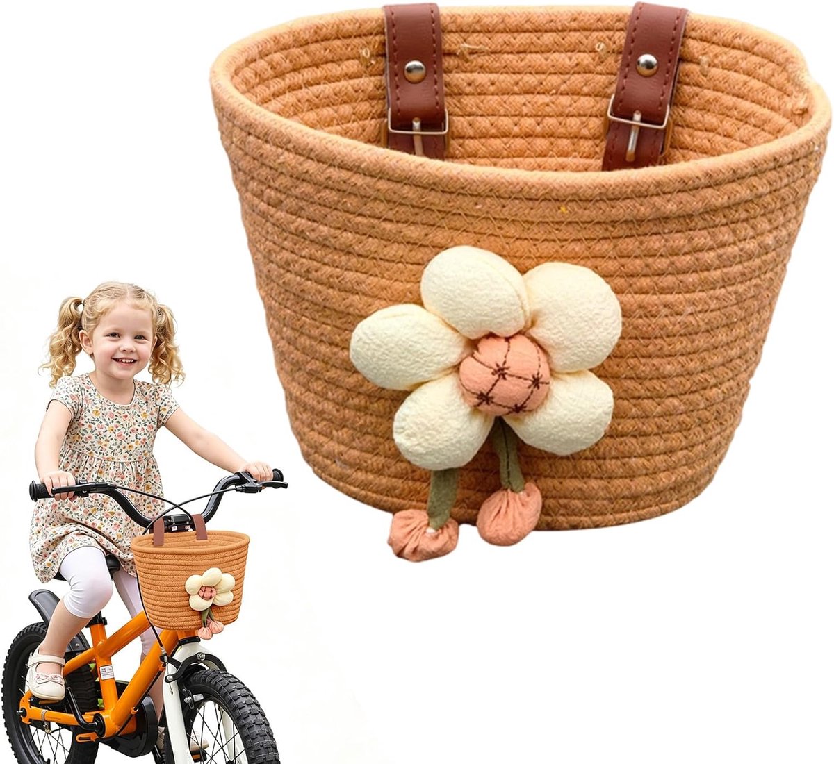 Kleine fietsmand 19,5x15,5x14,5cm - Kaki - veganistisch leer - fleurige bloemendecoratie voor het stuur - SnelShoppen