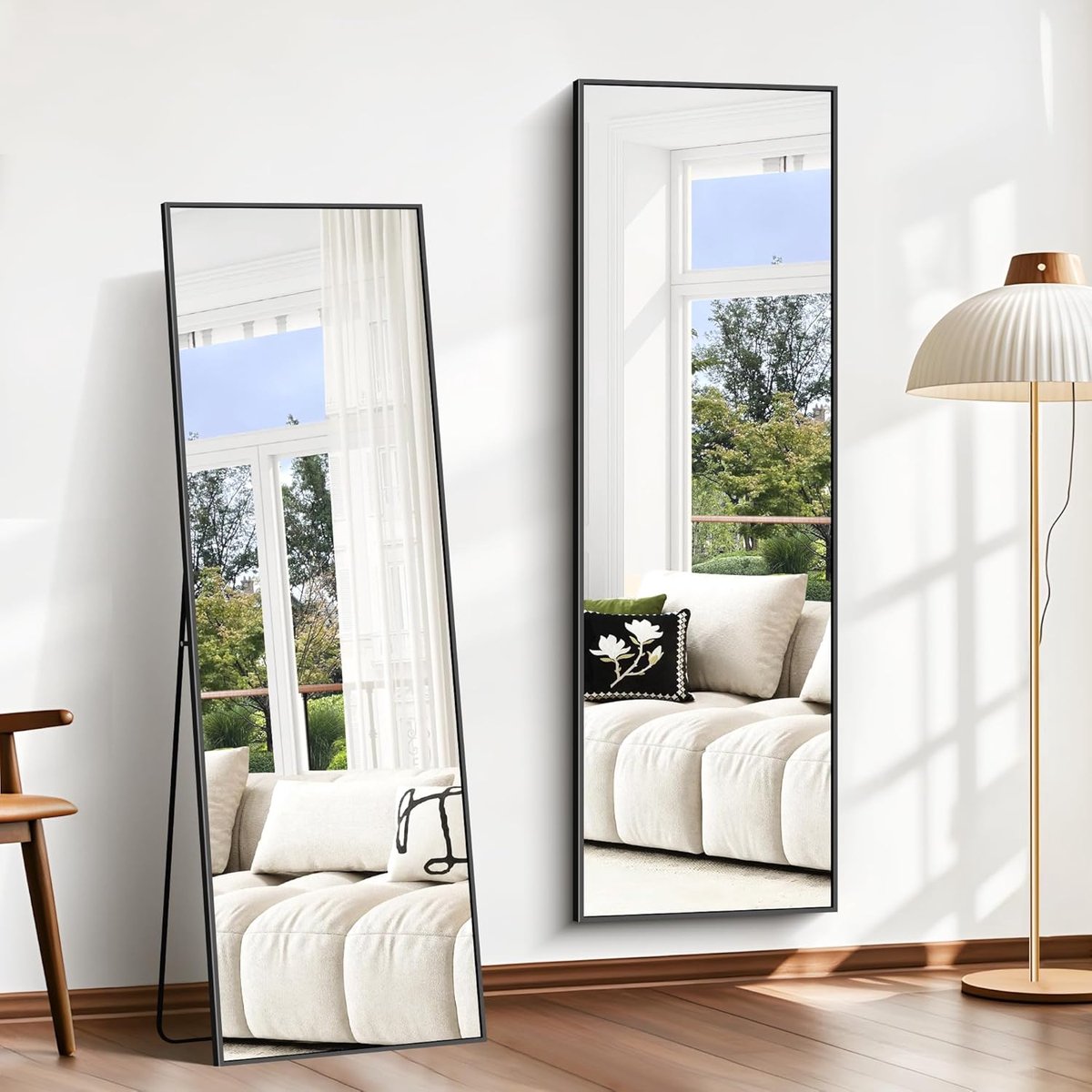 SnelShoppen - Grote Volledige Spiegel 147x44 cm, Staande Spiegels met Rechthoekig Zwart Aluminium Frame, Vloerspiegel voor Wand Hangen of Leunen in Sl