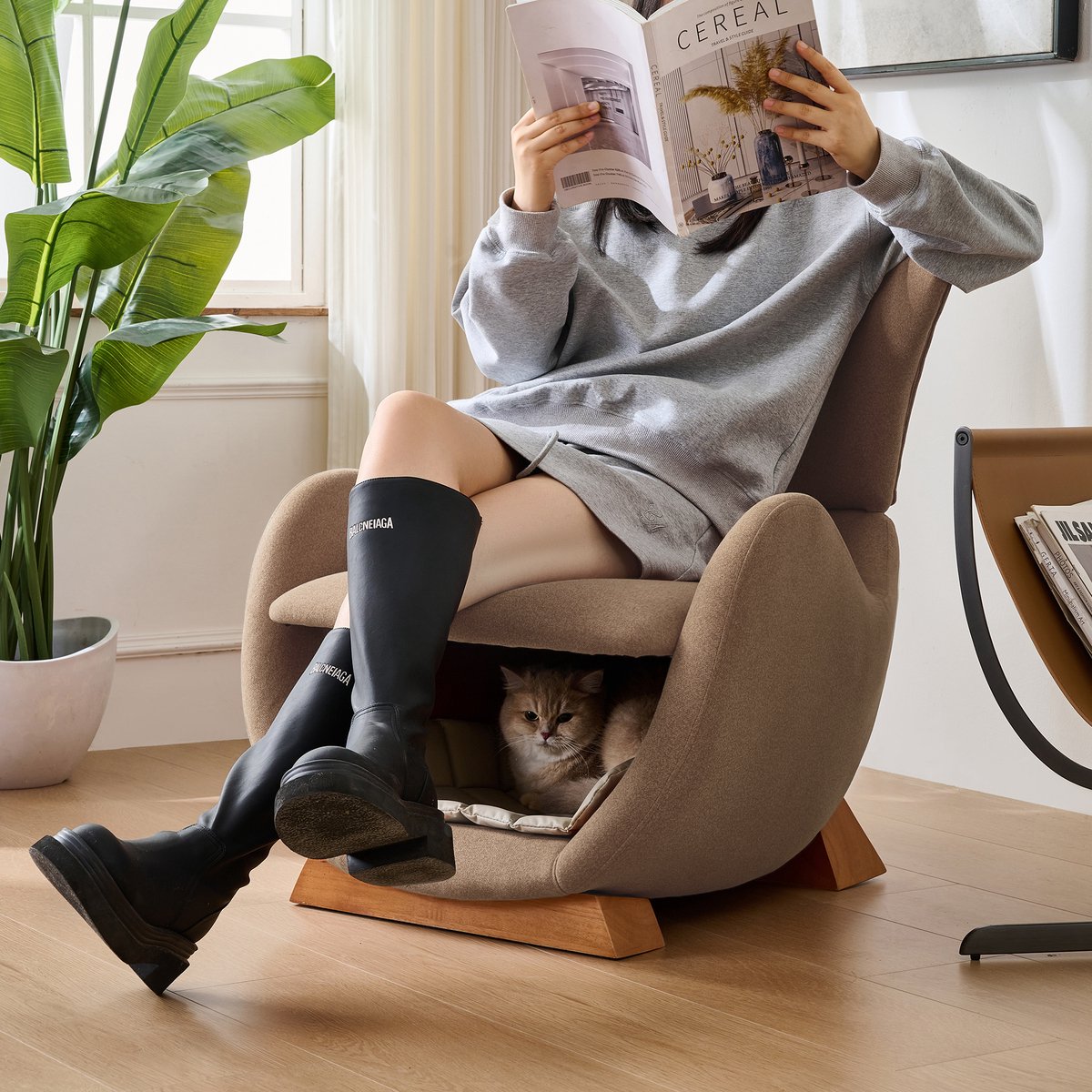 Designer loungestoel - walvishaai-look - huisdiervriendelijk - anti-kattenkrasstof - enkele bank - tv-stoel in de woonkamer - bruin