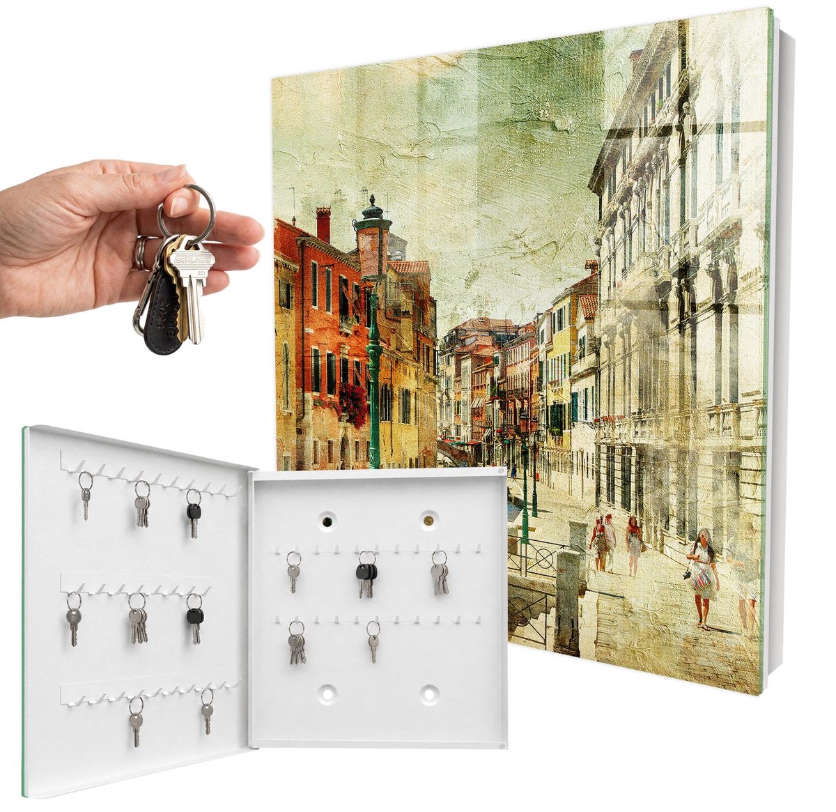 WallMuralia - Sleutelkast - 30x30x5 cm - met 50 haken - Kleurrijke Stad Sleutelkastje Klein - Beige Sleutelbox - Linksopenend - Wit interieur