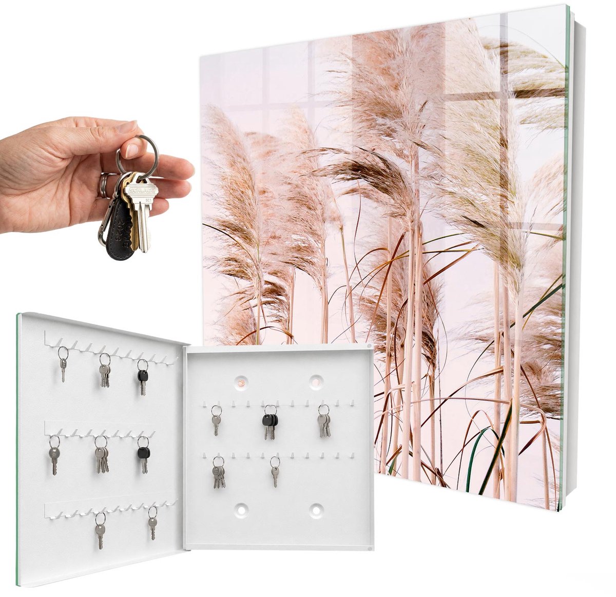 WallMuralia - Sleutelkast - 30x30x5 cm - met 50 haken - Sensuele Natuur Sleutelkastje Landelijk - Beige Sleutelbox - Linksopenend - Wit interieur